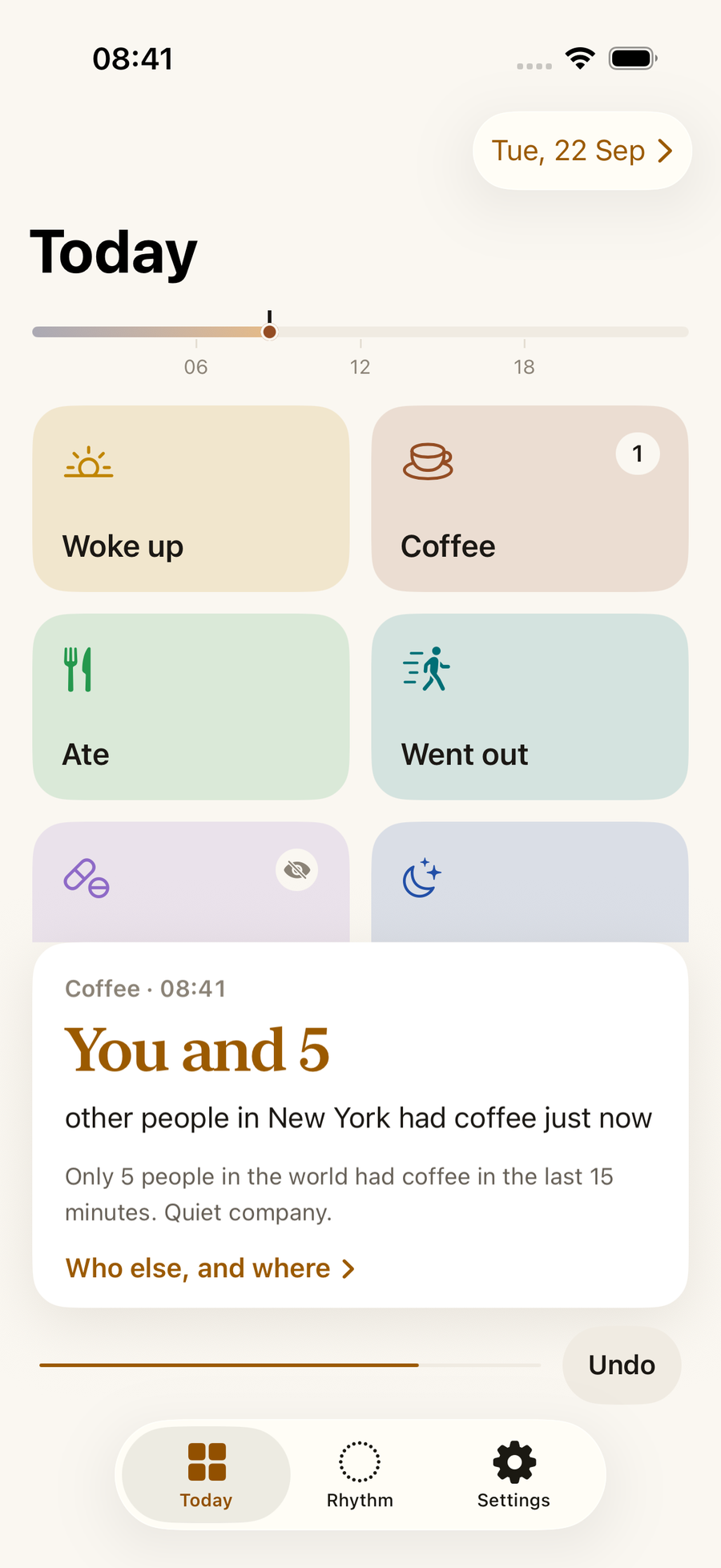 The Today screen: six coloured buttons and the number that came back after a tap.